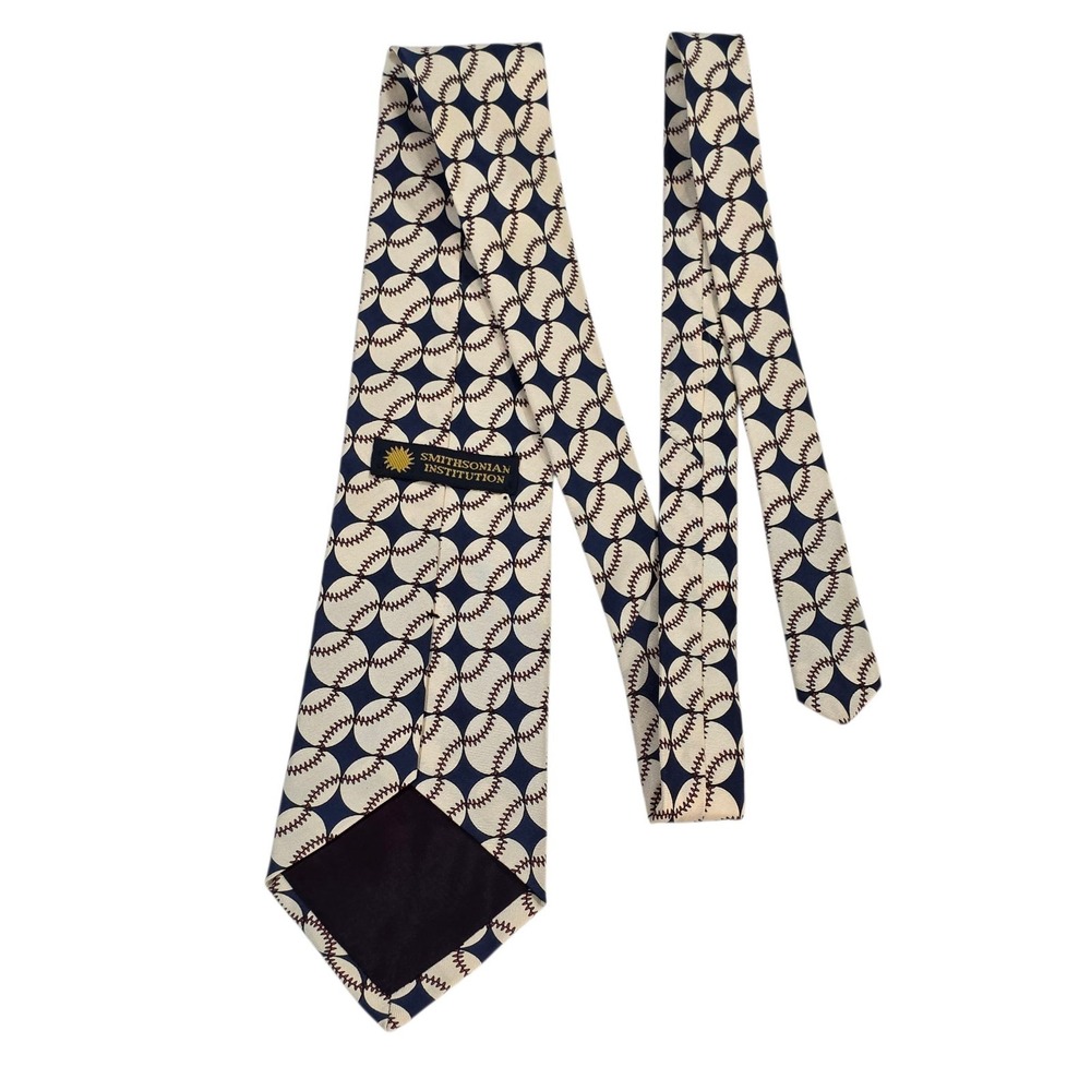 Smithsonian Institution Baseball Pattern Silk Tie Made in‎ USA Blue Cream Sports